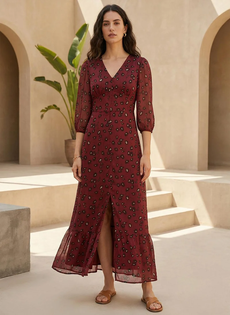 globus Globus Women Maroon Floral Printed V-Neck Puff Sleeves Front Slit Flared Hem A-Line Georgette Midi Dress